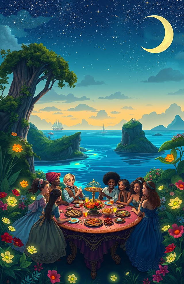 A whimsical and enchanting scene inspired by the book 'Lightlark', featuring a vibrant, magical island setting at dusk