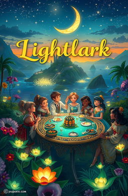 A whimsical and enchanting scene inspired by the book 'Lightlark', featuring a vibrant, magical island setting at dusk