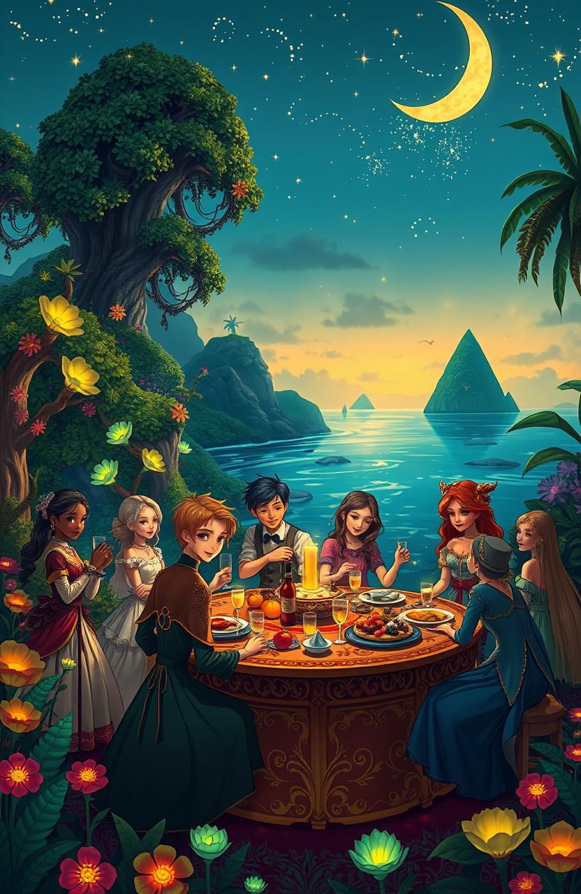 A whimsical and enchanting scene inspired by the book 'Lightlark', featuring a vibrant, magical island setting at dusk