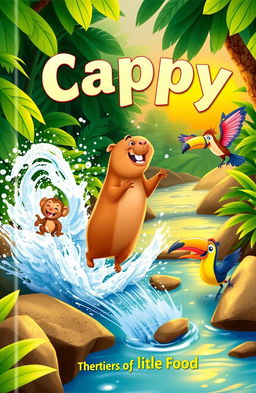 A vibrant and playful book cover featuring a capybara named Cappy joyfully leaping into a sparkling stream, splashing water everywhere