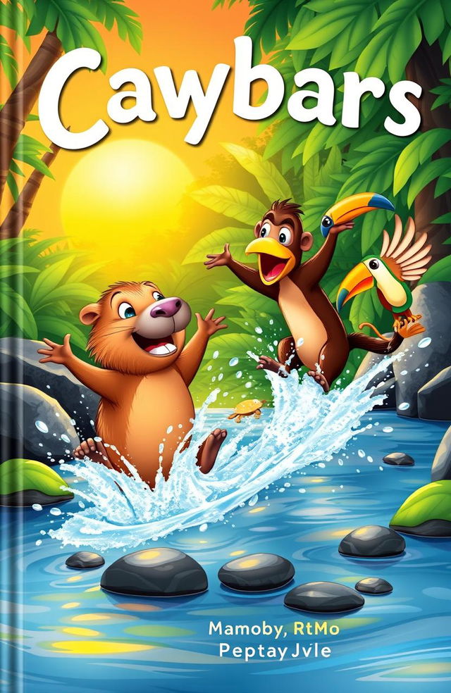 A vibrant and playful book cover featuring a capybara named Cappy joyfully leaping into a sparkling stream, splashing water everywhere