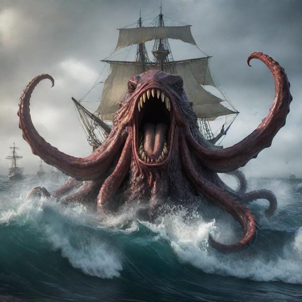 Alter the image to show a thrilling turn of events as the Kraken emerges from the water with a fierce roar, scaring away the pirates, and thus saving the sailor once again, adding a dramatic twist in the storyline.