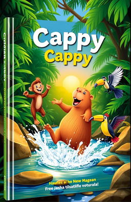 A vibrant and playful book cover featuring a capybara named Cappy joyfully leaping into a sparkling stream, splashing water everywhere