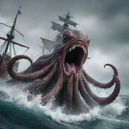 Alter the image to show a thrilling turn of events as the Kraken emerges from the water with a fierce roar, scaring away the pirates, and thus saving the sailor once again, adding a dramatic twist in the storyline.