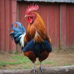 A vibrant, detailed image of a rooster in brilliant colors, standing tall against a rustic farm background.