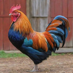 A vibrant, detailed image of a rooster in brilliant colors, standing tall against a rustic farm background.