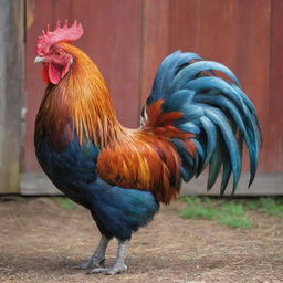 A vibrant, detailed image of a rooster in brilliant colors, standing tall against a rustic farm background.