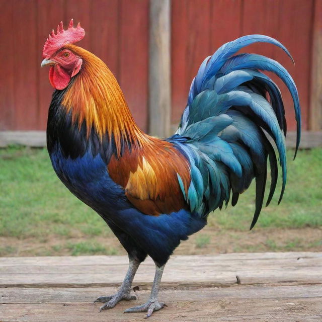 A vibrant, detailed image of a rooster in brilliant colors, standing tall against a rustic farm background.