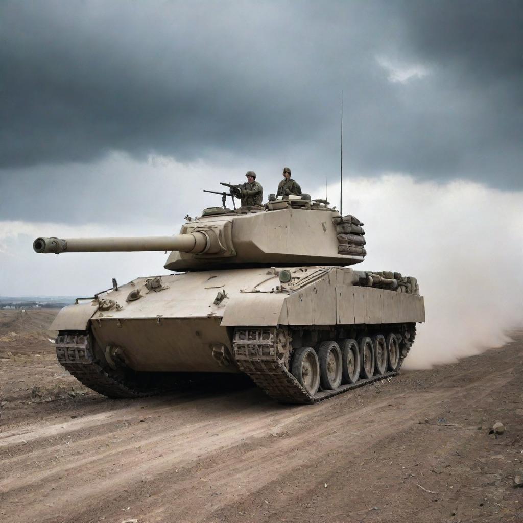 A formidable tank vehicle heavily armed with state-of-the-art anti-tank weapons, displayed against a backdrop of rough, uneven terrain under cloud-laden skies.