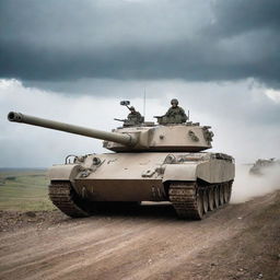 A formidable tank vehicle heavily armed with state-of-the-art anti-tank weapons, displayed against a backdrop of rough, uneven terrain under cloud-laden skies.