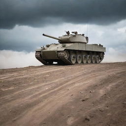 A formidable tank vehicle heavily armed with state-of-the-art anti-tank weapons, displayed against a backdrop of rough, uneven terrain under cloud-laden skies.