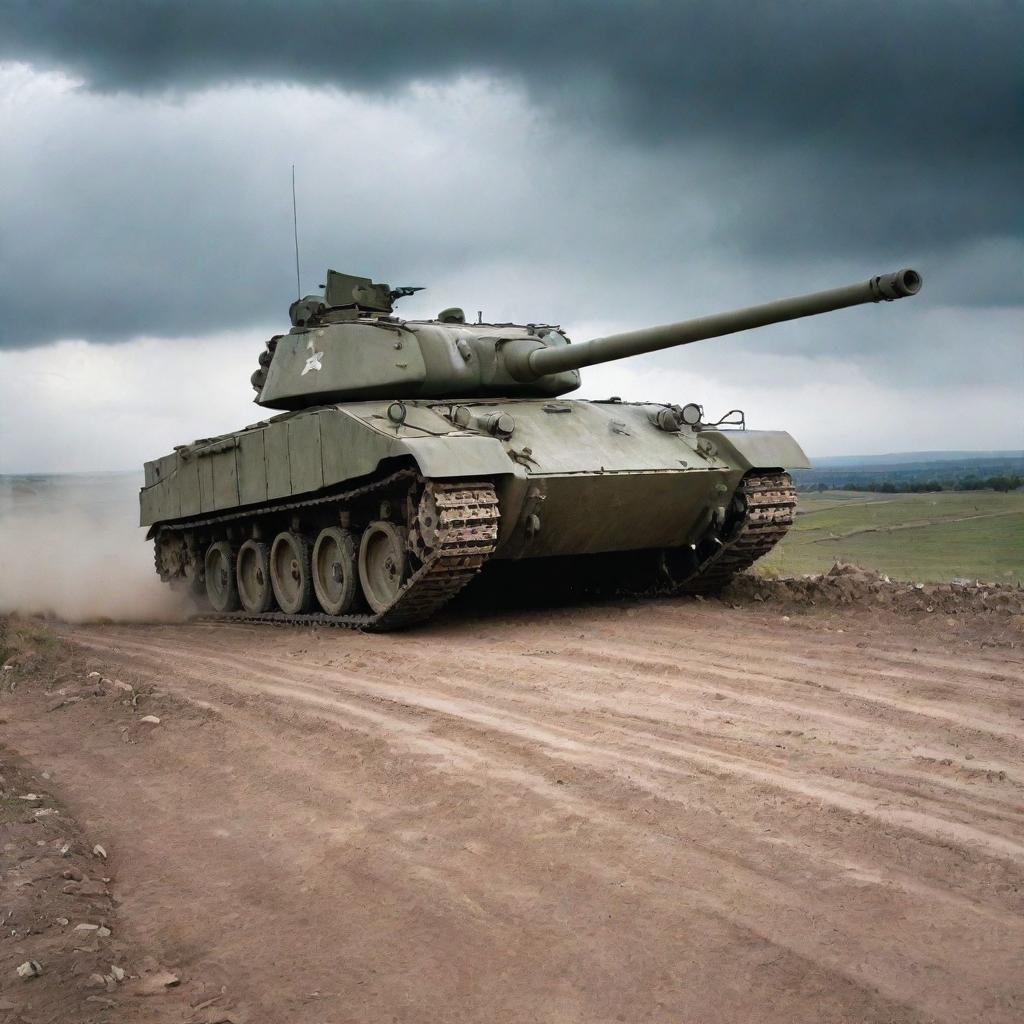 A formidable tank vehicle heavily armed with state-of-the-art anti-tank weapons, displayed against a backdrop of rough, uneven terrain under cloud-laden skies.