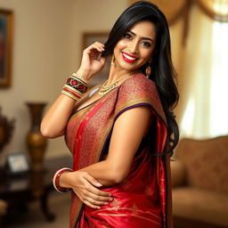 An Indian woman, elegantly dressed in a sexy, form-fitting saree that highlights her curves
