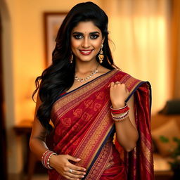 An Indian woman, elegantly dressed in a sexy, form-fitting saree that highlights her curves