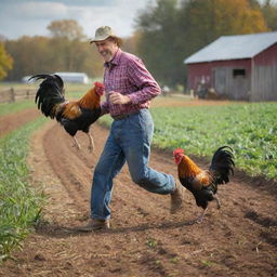 Modify the previous image to depict the farmer chasing the vibrant rooster, creating a lively, dynamic scene on the rustic farm.