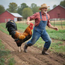 Modify the previous image to depict the farmer chasing the vibrant rooster, creating a lively, dynamic scene on the rustic farm.