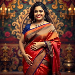 A confident Indian mother figure elegantly draped in a sensual saree, showcasing rich colors and intricate patterns that flow gracefully over her form