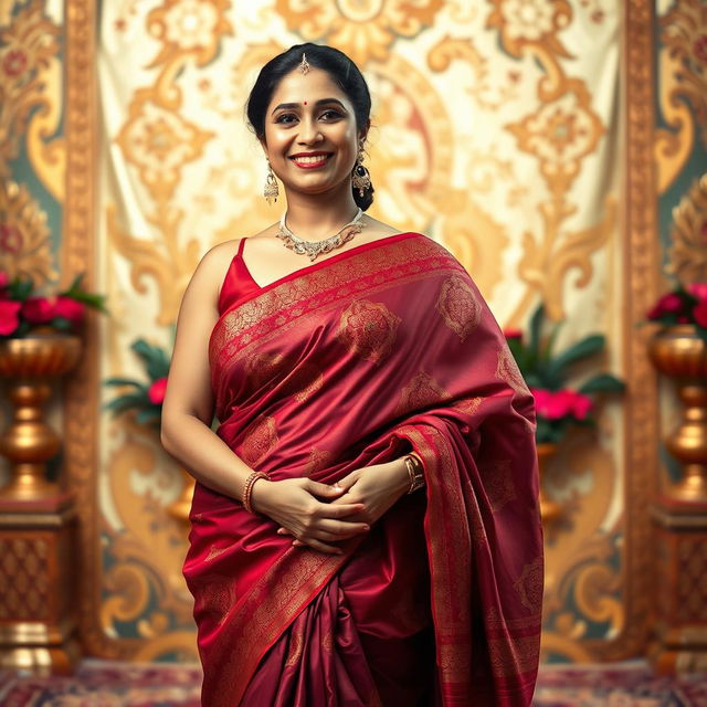 A confident Indian mother figure elegantly draped in a sensual saree, showcasing rich colors and intricate patterns that flow gracefully over her form