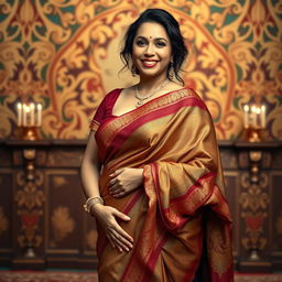 A confident Indian mother figure elegantly draped in a sensual saree, showcasing rich colors and intricate patterns that flow gracefully over her form