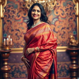 A confident Indian mother figure elegantly draped in a sensual saree, showcasing rich colors and intricate patterns that flow gracefully over her form