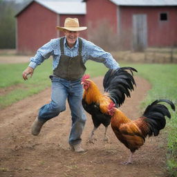 Modify the previous image to depict the farmer chasing the vibrant rooster, creating a lively, dynamic scene on the rustic farm.