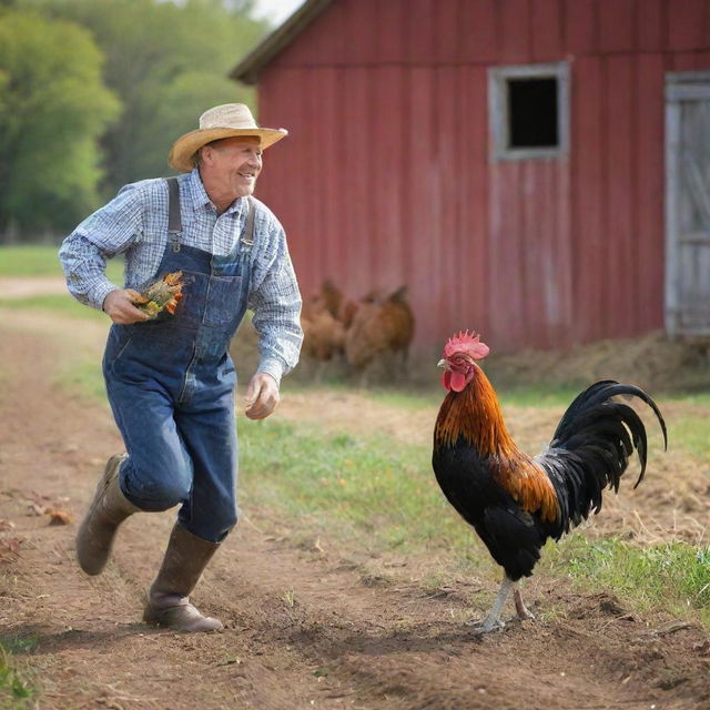 Modify the previous image to depict the farmer chasing the vibrant rooster, creating a lively, dynamic scene on the rustic farm.