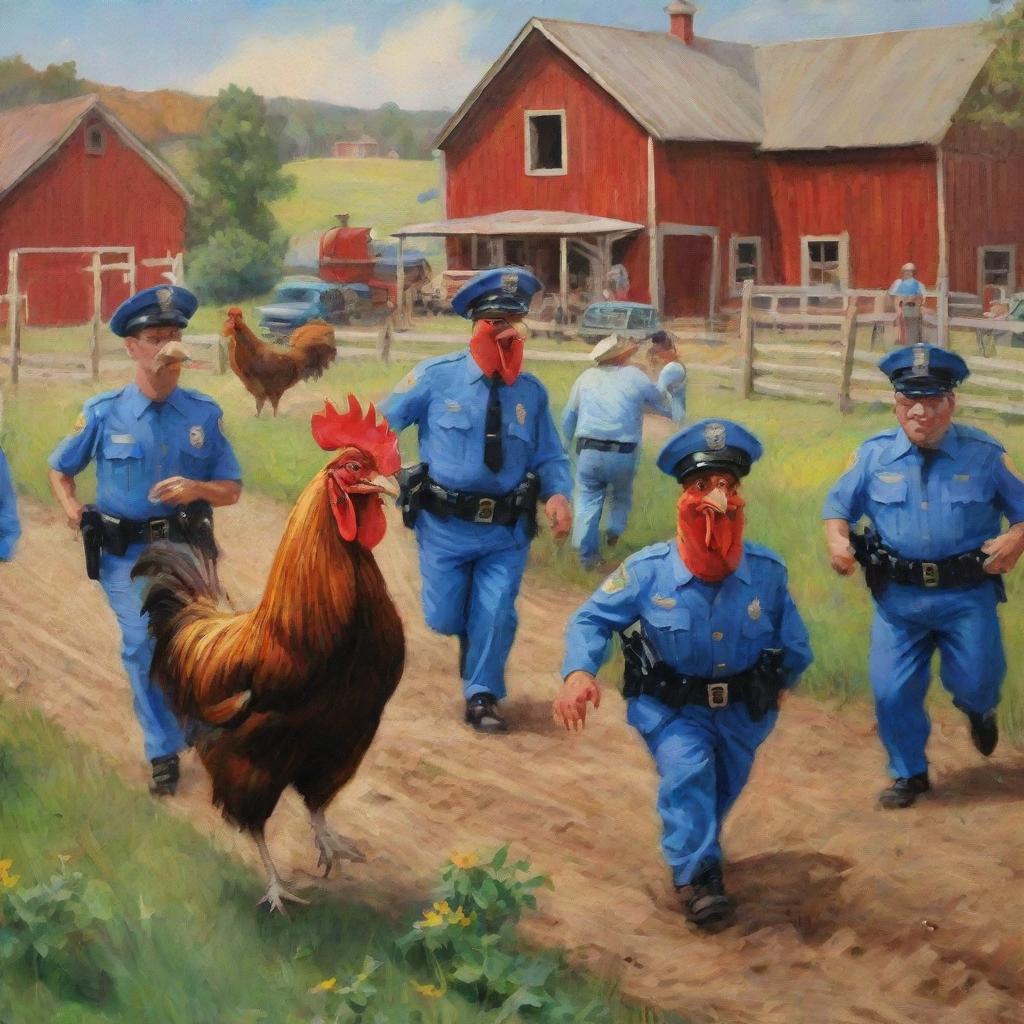 Alter the earlier image to include a swarm of whimsy alien police officers joining the farmer in pursuit of the vibrant rooster on the rustic farm.