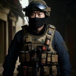 A Hollywood-style kidnapper commander garbed in traditional Chinese attire complemented with a bulky bullet-proof vest, creating a distinctive clash of East meets West.