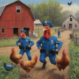 Alter the earlier image to include a swarm of whimsy alien police officers joining the farmer in pursuit of the vibrant rooster on the rustic farm.