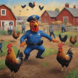 Alter the earlier image to include a swarm of whimsy alien police officers joining the farmer in pursuit of the vibrant rooster on the rustic farm.