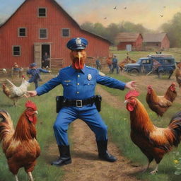 Alter the earlier image to include a swarm of whimsy alien police officers joining the farmer in pursuit of the vibrant rooster on the rustic farm.