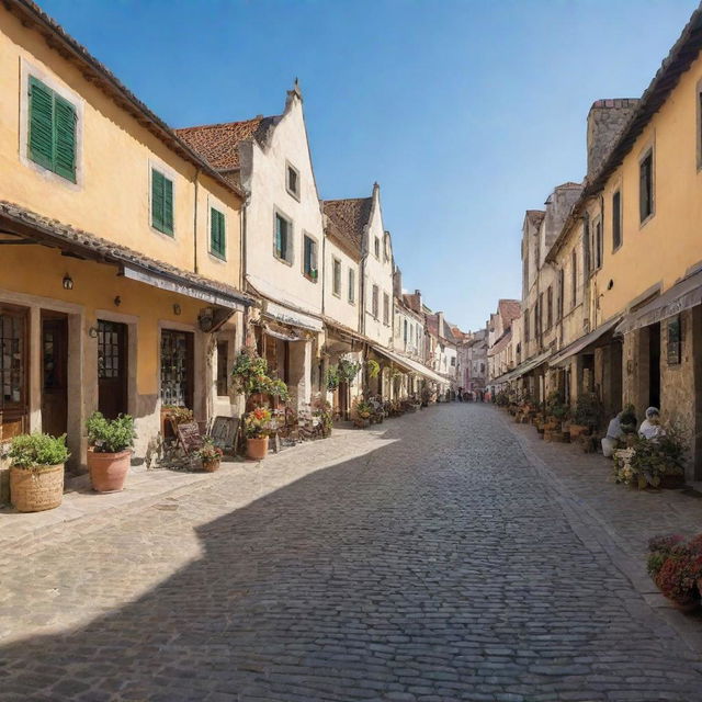 A quaint small town with narrow cobblestone streets, charming traditional houses, bustling local markets, and a beautiful central square under a bright clear sky.