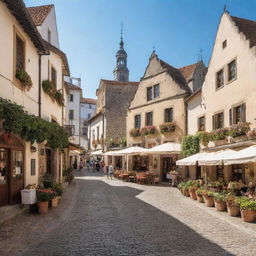 A quaint small town with narrow cobblestone streets, charming traditional houses, bustling local markets, and a beautiful central square under a bright clear sky.