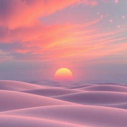 A calm and serene landscape featuring a soft, dreamy sunset with vibrant hues of pink, orange, and lavender blending seamlessly into each other