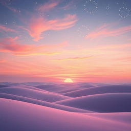 A calm and serene landscape featuring a soft, dreamy sunset with vibrant hues of pink, orange, and lavender blending seamlessly into each other