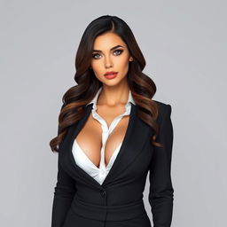 A beautiful woman with large breasts and an alluring presence, dark brown wavy hair styled neatly to her shoulders