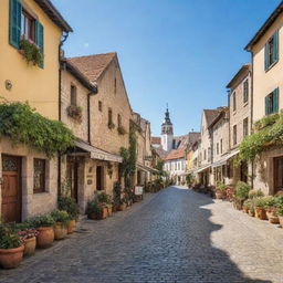 A quaint small town with narrow cobblestone streets, charming traditional houses, bustling local markets, and a beautiful central square under a bright clear sky.