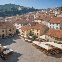 A quaint small town with narrow cobblestone streets, charming traditional houses, bustling local markets, and a beautiful central square under a bright clear sky.