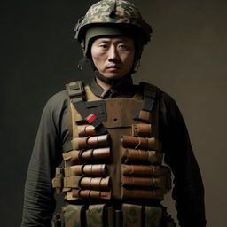 A Hollywood-style kidnapper commander garbed in traditional Chinese attire complemented with a bulky bullet-proof vest, creating a distinctive clash of East meets West.