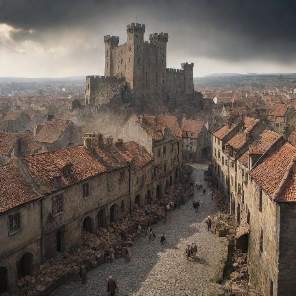 10,000 towering titans bursting from behind the city walls, bringing destruction across the quaint small town. Cobblestone streets are shattered, traditional houses crumbled, markets are in chaos under a daunting cloudy sky.