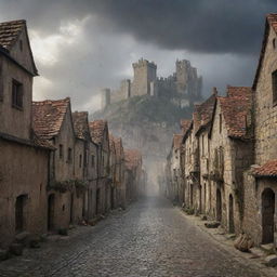 10,000 towering titans bursting from behind the city walls, bringing destruction across the quaint small town. Cobblestone streets are shattered, traditional houses crumbled, markets are in chaos under a daunting cloudy sky.