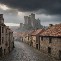 10,000 towering titans bursting from behind the city walls, bringing destruction across the quaint small town. Cobblestone streets are shattered, traditional houses crumbled, markets are in chaos under a daunting cloudy sky.