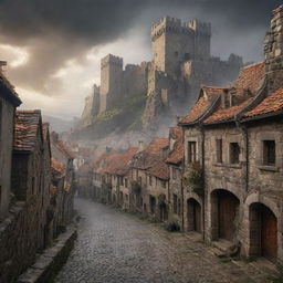 10,000 towering titans bursting from behind the city walls, bringing destruction across the quaint small town. Cobblestone streets are shattered, traditional houses crumbled, markets are in chaos under a daunting cloudy sky.