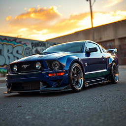 A vibrant, detailed image of a 2006 Ford Mustang equipped with a Pandem body kit, showcasing its aggressive styling and unique modifications