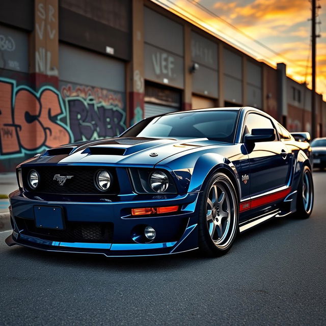 A vibrant, detailed image of a 2006 Ford Mustang equipped with a Pandem body kit, showcasing its aggressive styling and unique modifications