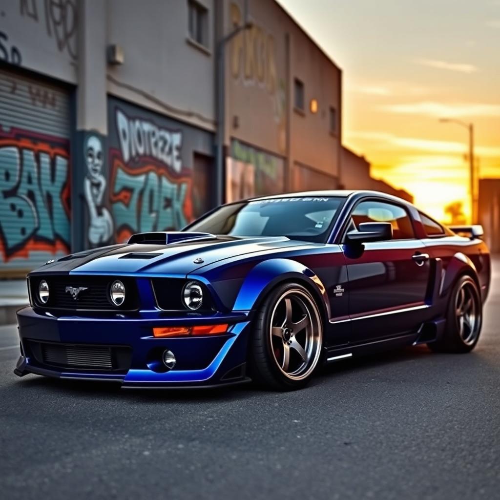 A vibrant, detailed image of a 2006 Ford Mustang equipped with a Pandem body kit, showcasing its aggressive styling and unique modifications