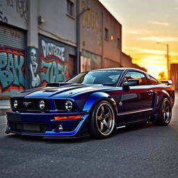 A vibrant, detailed image of a 2006 Ford Mustang equipped with a Pandem body kit, showcasing its aggressive styling and unique modifications