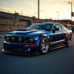 A vibrant, detailed image of a 2006 Ford Mustang equipped with a Pandem body kit, showcasing its aggressive styling and unique modifications