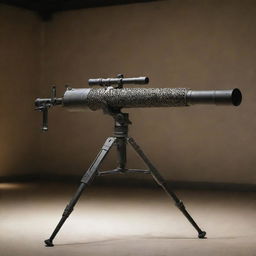 A sophisticated anti-tank weapon with intricate details, displayed on a stand in a well-lit room.