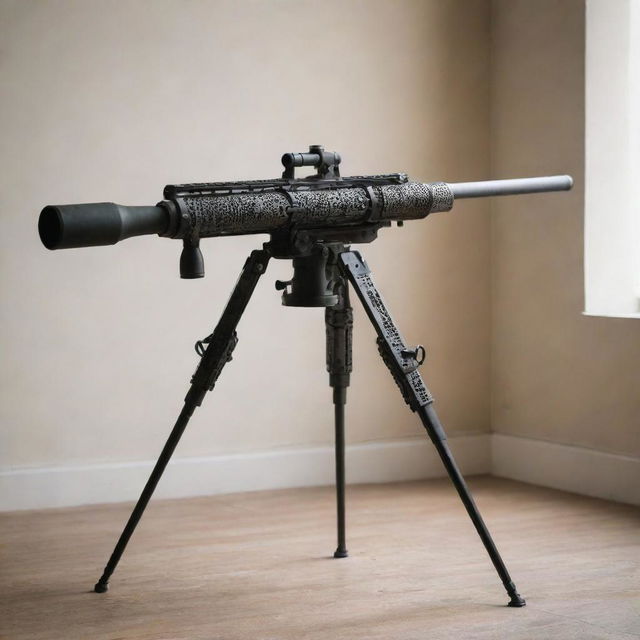 A sophisticated anti-tank weapon with intricate details, displayed on a stand in a well-lit room.